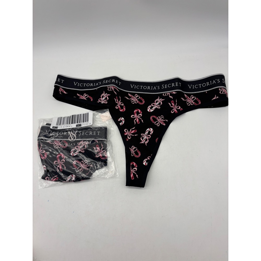 2- NWT Victorias  Secret CANDY CANE Bow Thick  Logo waistband  thong  panty